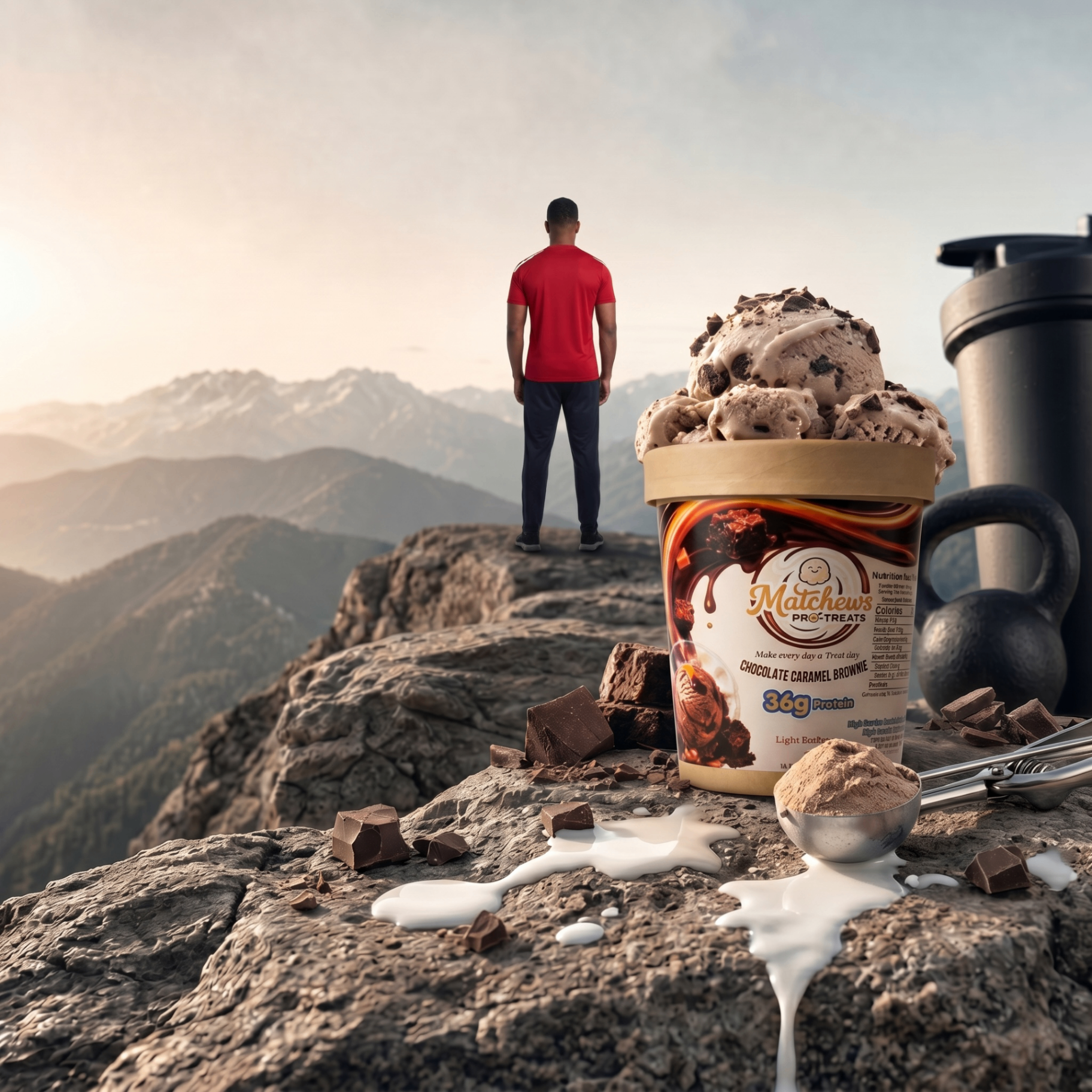 Premium high-protein ice cream in a fitness-themed setting with dumbbells and protein powder